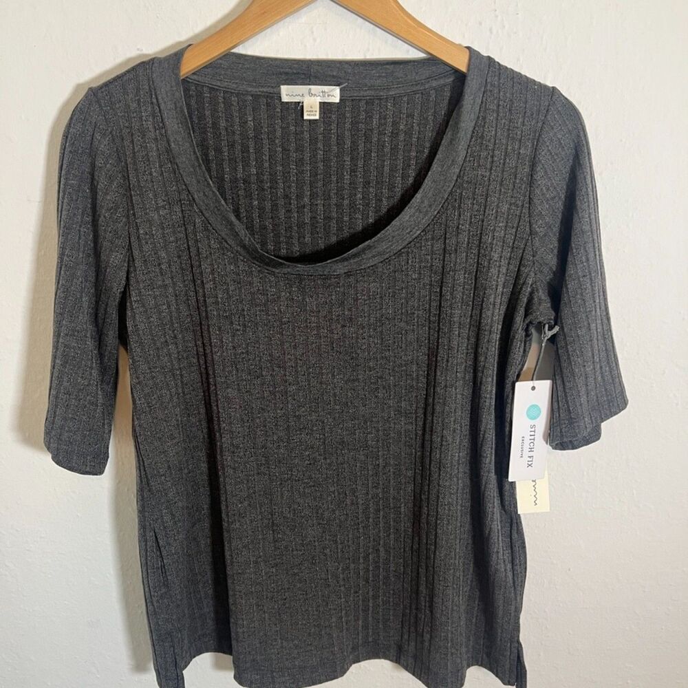 Eileen Fisher Ribbed Scoop Neck Short Sleeve Top - Dark Gray